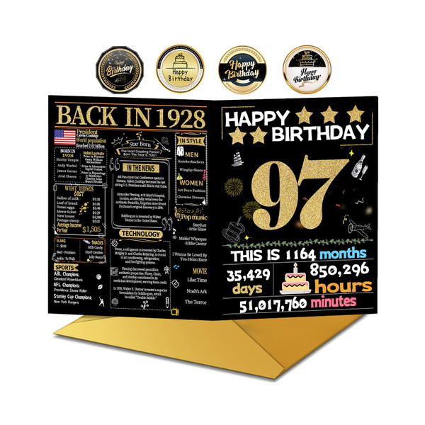 Joycard 97th Birthday Card with Envelope, 97th Birthday Decorations for Women Men, 97th Birthday Gifts for Grandpa Grandma, Happy Birthday Cards for 97 Year Old Mother Dad, Back in 1928
