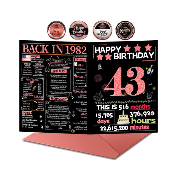 Joycard 43rd Birthday Card with Envelope, 43rd Birthday Decorations for Women, 43 Year Old Birthday Gifts for Her, Happy Birthday Cards for 43 Year Old Wife, Back in 1982