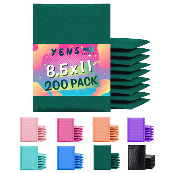 Yens Poly Bubble Mailers 8.5x12 200 Pack Green Waterproof Self Seal Adhesive Shipping Bags, Cushioning Padded Envelopes for Shipping, Mailing, Packaging Usable Space 8.5x11