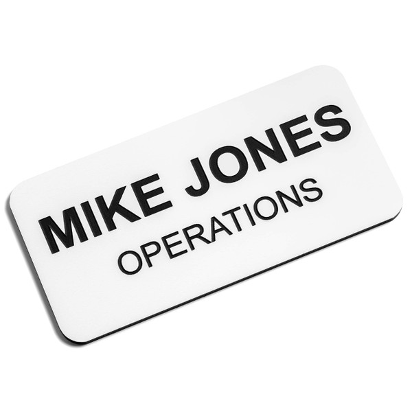 Custom Engraved Name Tag Badges  Personalized Identification with Pin or Magnetic Backing, 1.5 Inches x 3 Inches, White/Black