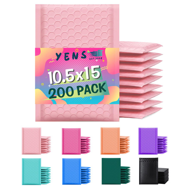 Yens Poly Bubble Mailers 10.5x16 200 Pack Light Pink Waterproof Self Seal Adhesive Shipping Bags, Cushioning Padded Envelopes for Shipping, Mailing, Packaging Usable 10.5x15