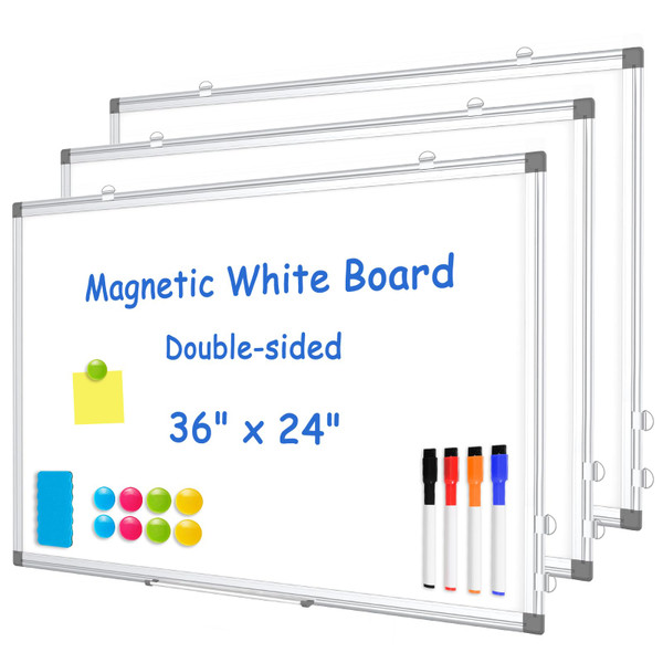 WALGLASS 3 Pack White Board, 36" x 24" Double-Sided Dry Erase White Board for Wall, Hanging Mounted Whiteboard, Horizontal or Vertical Silver Aluminium Frame for Home, School, Office, Kitchen
