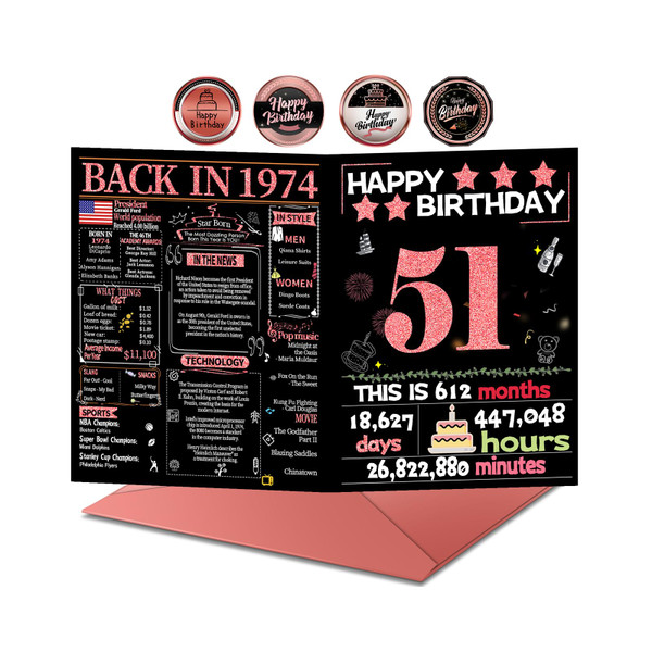 Joycard 51st Birthday Card with Envelope, 51st Birthday Decorations for Women, 51 Year Old Birthday Gifts for Mother, Happy Birthday Cards for 51 Year Old Wife, Back in 1974