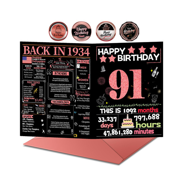 Joycard 91st Birthday Card with Envelope, 91st Birthday Decorations for Women, 91 Year Old Birthday Gifts for Grandma, Happy Birthday Cards for 91 Year Old Mother, Back in 1934