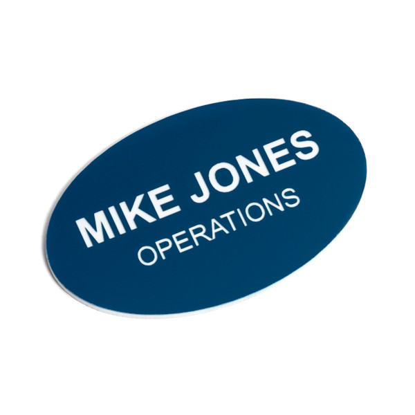 Custom Engraved Name Tag Badges  Personalized Identification with Pin or Magnetic Backing, 2.8 Inch Oval, Blue/White