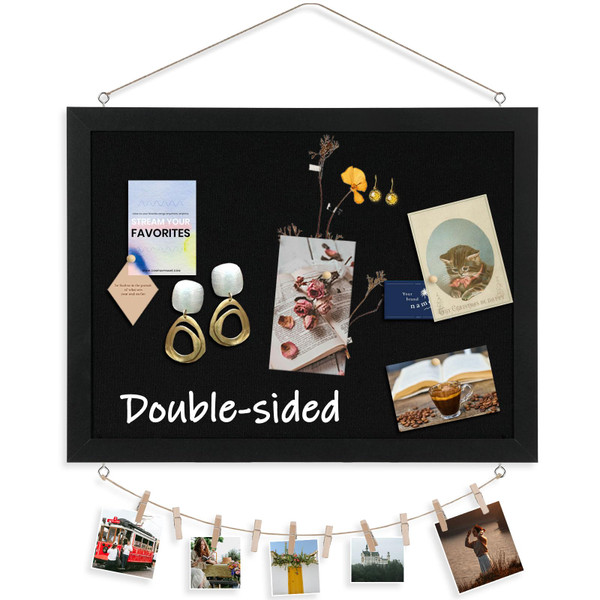 DOLLAR BOSS Black Cork Board with Linen Double-Sided 16''X 12'', Black Cork Boards for Walls, Wood Frame Bulletin Board Hanging Pin Board, Cork Board for Office Home School 1-Pack