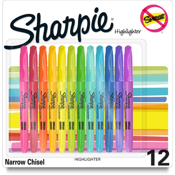 SHARPIE Pocket Style highlighters, Assorted Ink Colors, Chisel tip, Assorted Barrel Colors, 12/Pack
