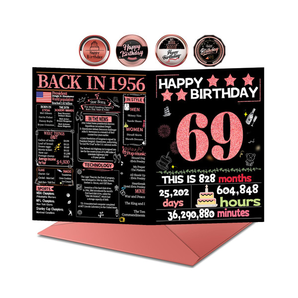 Joycard 69th Birthday Card with Envelope, 69th Birthday Decorations for Women, 69 Year Old Birthday Gifts for Mother, Happy Birthday Cards for 69 Year Old Wife, Back in 1956