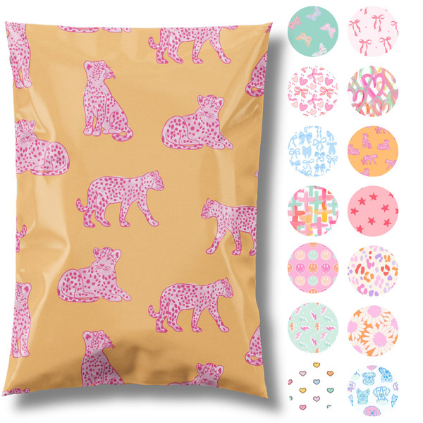 Pretty Package Store 6x9 Designer Poly Mailer 100 Pack Heavy Duty Waterproof Self Seal Shipping Bags for Small Business Large Mailing Envelopes Bulk Tear Resistant Packaging Pink Orange Leopard