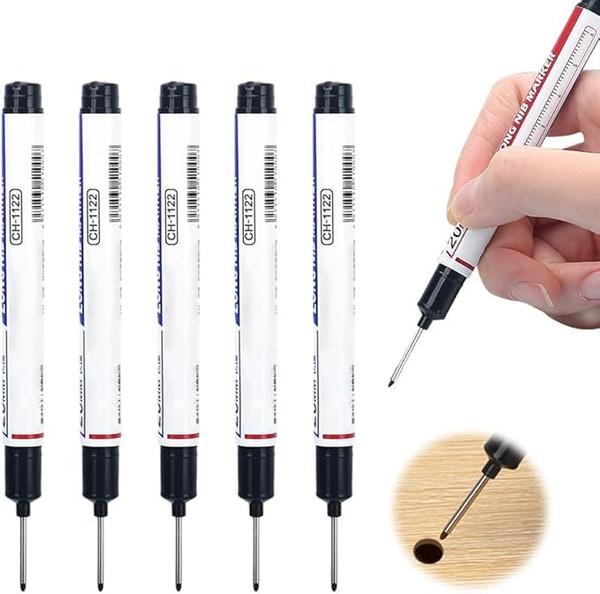 5PCS Long Head Deep Hole Marker Pens, 20mm Deep Reach Markers, Long Nose Marker, Waterproof Construction Markers Marking Tool, Permanent Markers Carpenter Ink Marker Pens, Metal Marking Pen (Black)