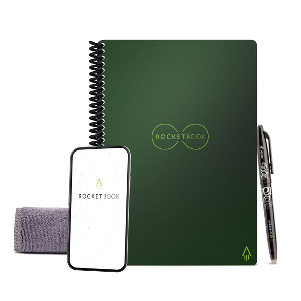 Rocketbook Core Reusable Spiral Notebook, Executive Size 6x8.8, Green - Dotted Pages, App-Connected, Erasable, Durable Cover, Ideal for School, Work, and Creative Projects