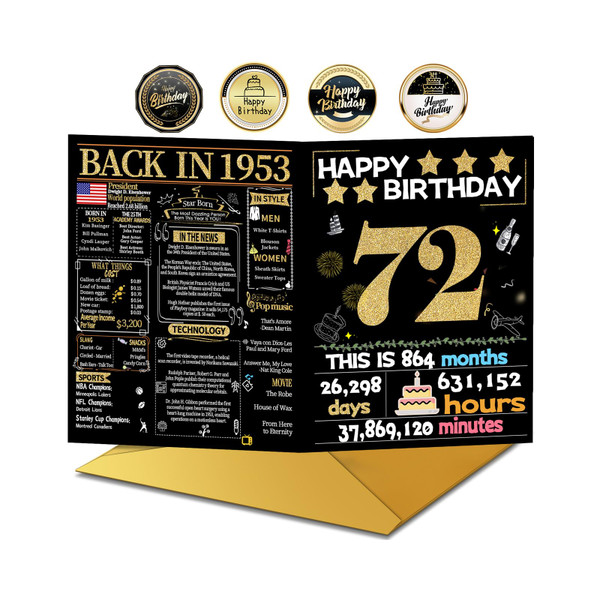 Joycard 72nd Birthday Card with Envelope, 72nd Birthday Decorations for Women Men, 72nd Birthday Gifts for Grandpa Grandma, Happy Birthday Cards for 72 Year Old Mother Dad, Back in 1953
