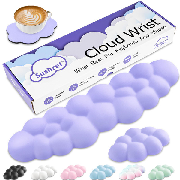 Sushret Cloud Wrist Rest Keyboard, Cloud Palm Rest Set with PU Leather Memory Foam, Cute Keyboard Rest for Wrist Support and Arm Rest, Desk Cloud Wrist Pad for PC/Gaming/Hand Cushion/Computer-Purple