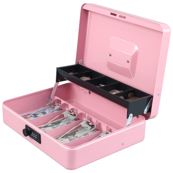 xydled Cash Box with Money Tray and Combination Lock,Tiered, Cantilever Design,4 Bill / 5 Coin Slots,11.8" x 9.5" x 3.5",Pink