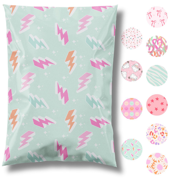 Pretty Package Store 14.5x19 Designer Poly Mailer 100 Pack Heavy Duty Waterproof Self Seal Shipping Bags for Small Business Large Mailing Envelopes Bulk Tear Resistant Cute Packaging Lightning Bolt