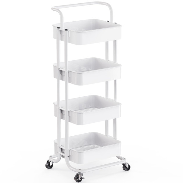 Pipishell 4 Tier Mesh Utility Cart, Rolling Metal Organization Cart with Handle and Lockable Wheels, Multifunctional Storage Shelves for Kitchen Living Room Office White, PIUC12W