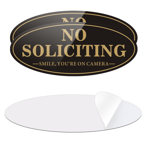 House Door No Soliciting Sign Metal, 2 Pack Silver Color 7.0 x 3.0 inches, Self-Adhesive Modern Design Aluminum Signs for Office Home Business Company, Waterproof and Weather Resistant (BLACK/GOLD No Soliciting Sign)
