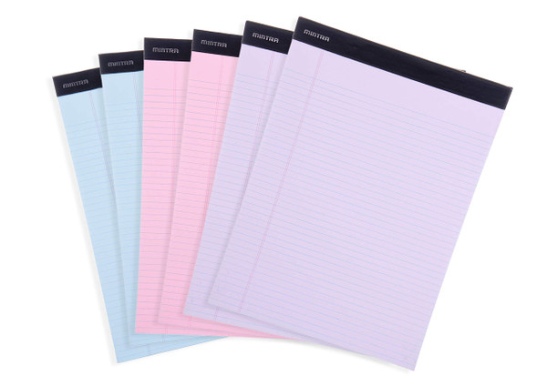 Mintra Office Legal Pads - ((BASIC PASTEL 6pk, 8.5in x 11in, NARROW RULED)) - 50 Sheets per Notepad, Micro perforated, Pastel Writing Pad, Notebook Paper for School, College, Office, Business - Pink, Blue, Purple
