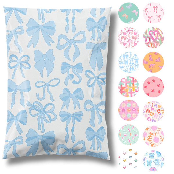 Pretty Package Store 14.5x19 Designer Poly Mailer 100 Pack Heavy Duty Waterproof Self Seal Shipping Bags for Small Business Large Mailing Envelopes Bulk Tear Resistant Packaging Blue Bows