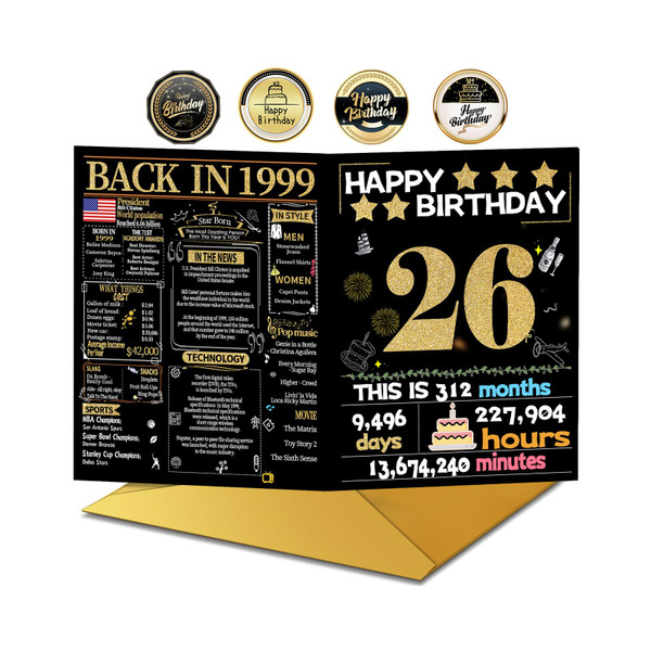 26th Birthday Card with Envelope, 26th Birthday Decorations for Women Men, 26th Birthday Gifts for Her Him, Happy Birthday Cards for 26 Year Old Daughter Son, Back in 1999
