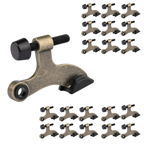 HOMOTEK 20 Pack Hinge Pin Door Stopper, Hinge Stops for Top of Door, Adjustable Deluxe Heavy Duty Door Stop 2-1/2x1-3/4 inch, with Black Rubber Bumper Tips, Antique Brass