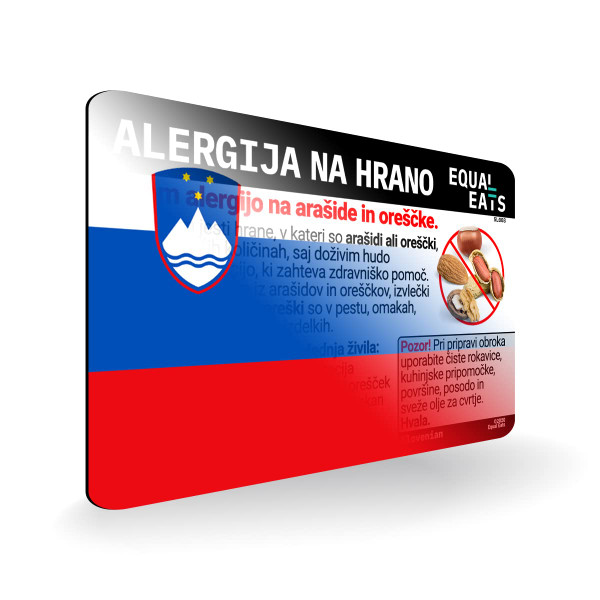 Peanut and Tree Nut Allergy Translation Card - Plastic Restaurant Travel Card - Equal Eats (Slovenian)