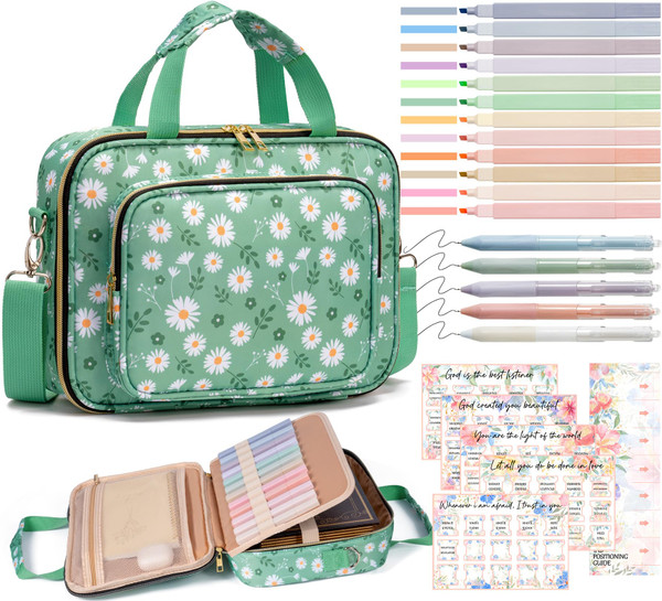 Bible Cover for Women Bible Case, Large Bible Bag w/Shoulder Strap, Bible Study Supplies Bible Journaling Kit Book Carrying Case with Bible Highlighters Tabs, Mothers Day Christian Gifts for Women