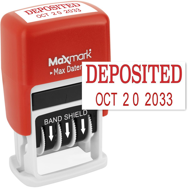 MaxMark Self-Inking Rubber Date Office Stamp with DEPOSITED Phrase & Date - RED Ink (Max Dater II), 12-Year Band