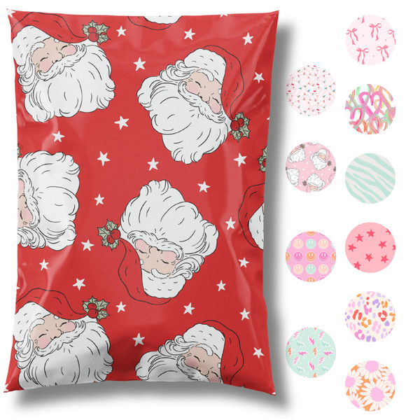 Pretty Package Store 14.5x19 Christmas Holiday Designer Poly Mailers 100 Pack Heavy Duty Waterproof Self Seal Shipping Bags Large Mailing Envelopes Bulk Tear Resistant Cute Packaging Red Santa