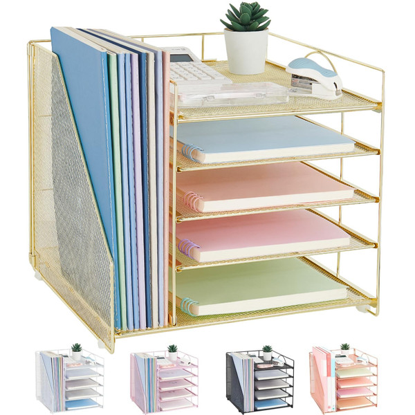 LEKETREE Desk Organizers and Accessories, 5-Tier Paper Letter Tray Organizer with File Holder, Desktop Organizer for Office Supplies, Office Desk Accessories & Workspace (Gold)