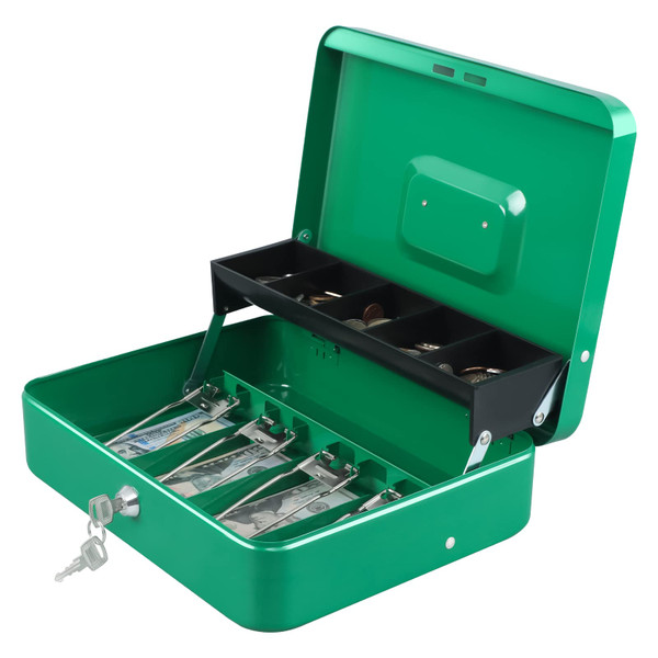 xydled Cash Box with Money Tray and Key Lock,Tiered,4 Bill / 5 Coin Slots,11.8" x 9.5" x 3.5",Green