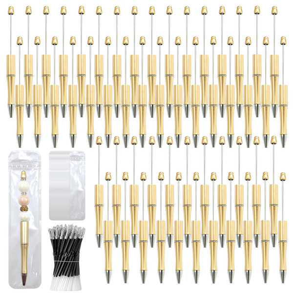 DASTTUIS 300 Pieces DIY Beadable Pen Kit  100 Plastic Ballpoint Pens with Refills & Bags  School Supplies, Office Accessories, & Decorative Items for Students & Teachers (Gold)