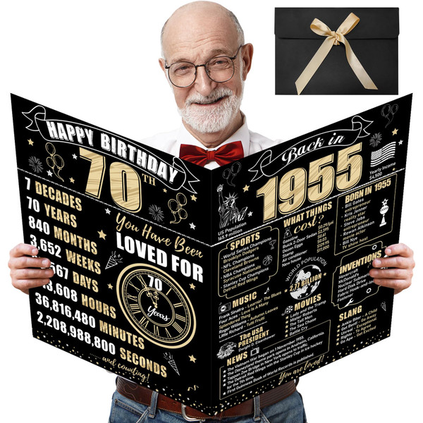 Turypaty Large 70th Birthday Card With Envelope for Men Women, 1955 Black Gold Happy 70th Birthday Giant Guest Signature Book Gifts, Big Vintage 1955 70th Greeting Card Decoration Party Supplies