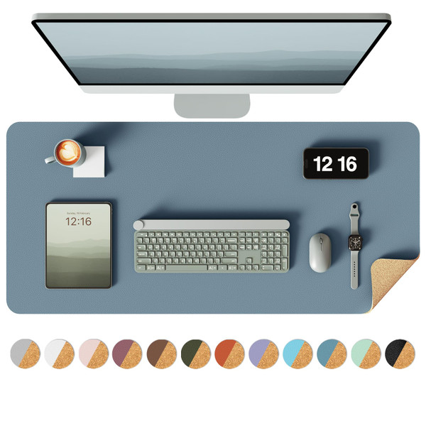 YSAGi Double-Sided Desk Pad, 35.4"x17"Leather Desk Mat, Eco Cork Desk Pad Protector,Large Mouse Pad,Waterproof Desk Blotter for Office/Home(Blue Grey)