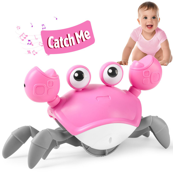 Crawling Crab Baby Girl Toy: Tummy Time Toys for Infant 3 6 9 12 18 24 36 Months, Pink Walking Dancing Sensing Crab for Toddler Age 1 2 3 4, 1st Music Birthday Gifts for Girls