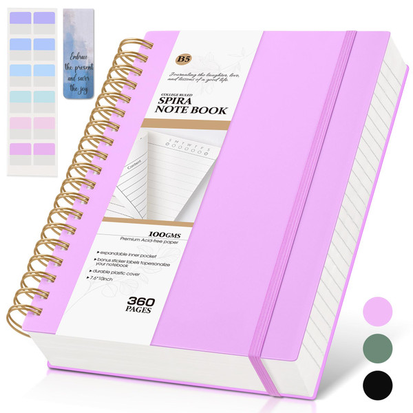 MUAHLIUB Spiral Notebook Journal College Ruled, 360 Pages Lined Thick Journals for Women Men, B5 Big Notebooks with 100GSM Paper, Spiral Bound Journaling for Writing Work School Purple 7.6"10"