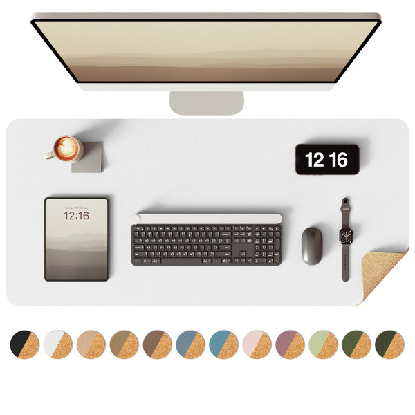 YSAGi Double-Sided Desk Pad, 35.4"x17"Leather Desk Mat, Eco Cork Desk Pad Protector,Large Mouse Pad,Waterproof Desk Blotter for Office/Home(White)