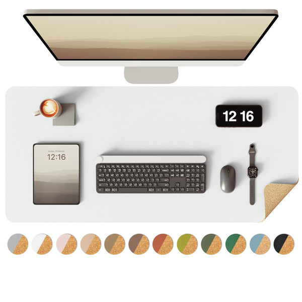 YSAGi Double-Sided Desk Pad, 31.5"x15.7"Leather Desk Mat, Eco Cork Desk Pad Protector,Large Mouse Pad,Waterproof Desk Blotter for Office/Home(White)