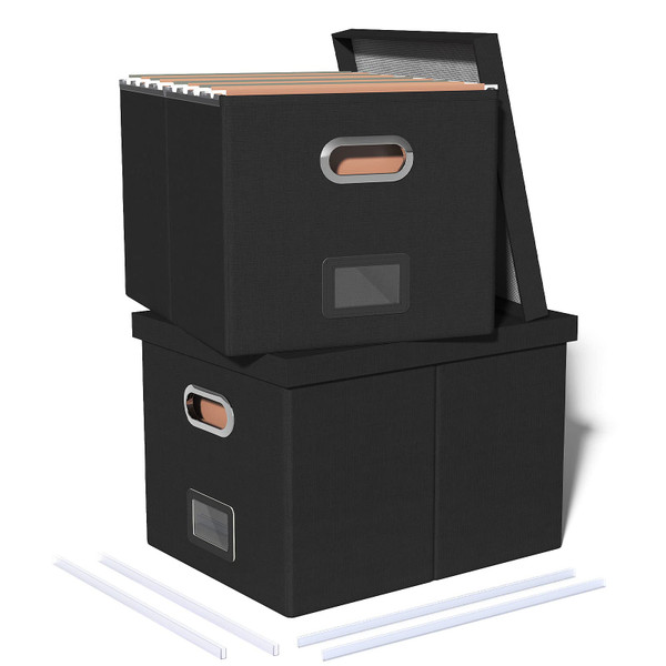 2 Pack File Storage Organizer Box, Portable Filing With Lid, Fit for Letter/Legal Folder Storage, Black
