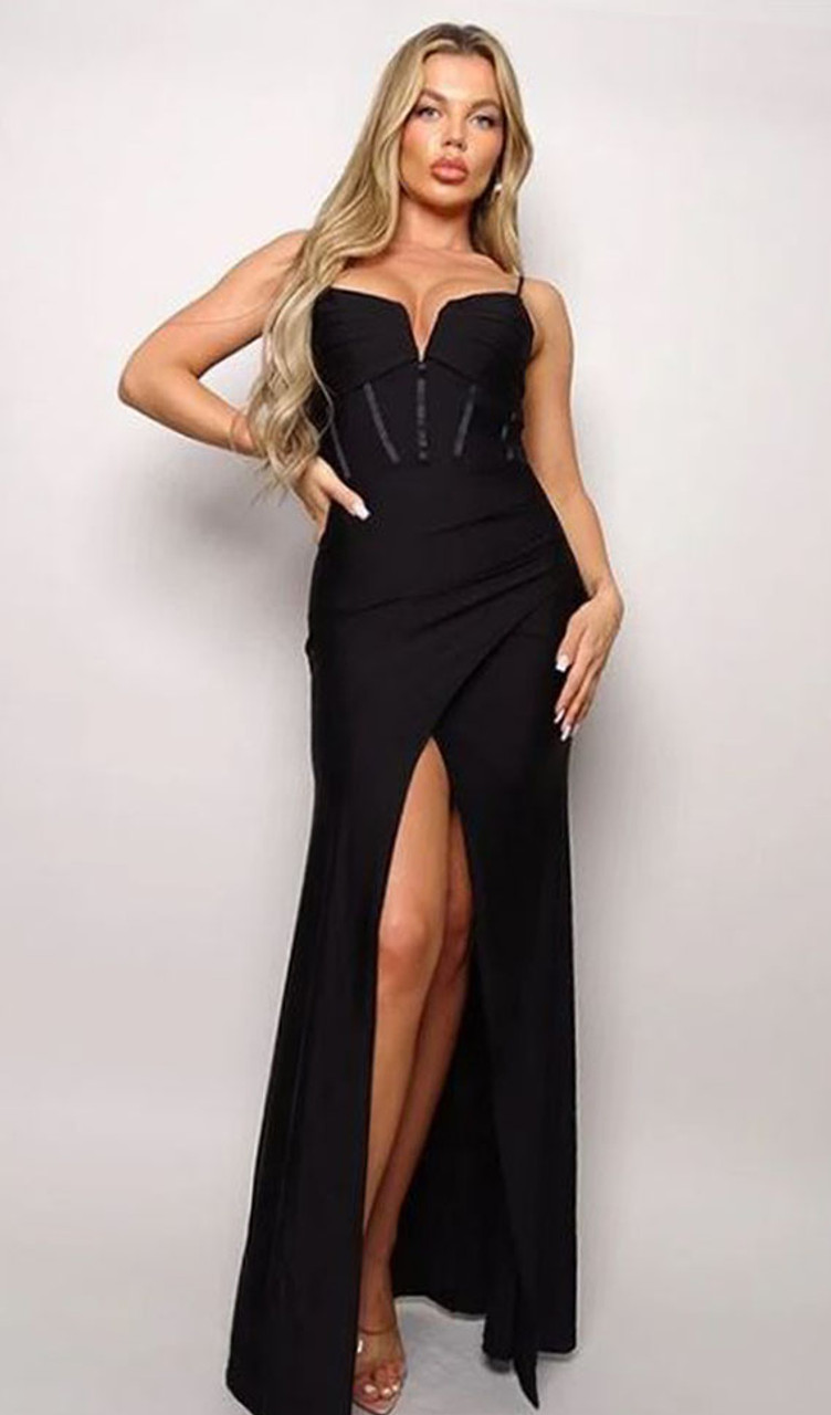 BLACK CORSET DETAIL FORMAL GOWN WITH SPLIT