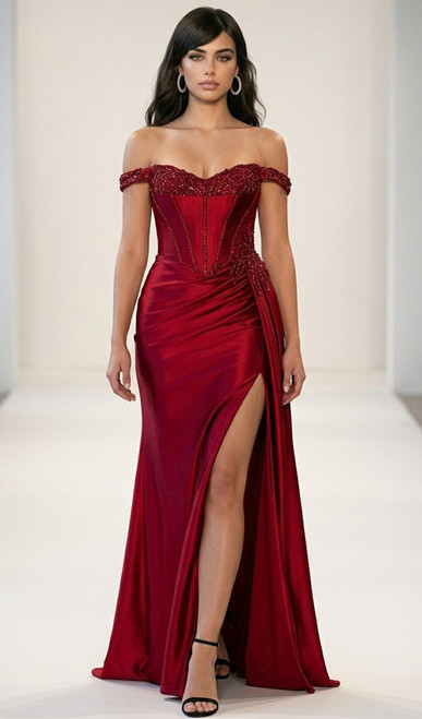 STRETCH SATIN CORSET FORMAL GOWN WITH HAND BEADED DETAIL - IMAGE 1
