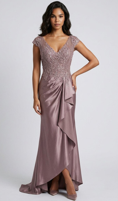 Stretch satin wrap around hand beaded cap sleeve mother gown - Image 1