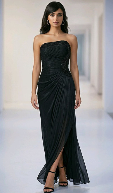 Strapless pleated black corset evening gown with beaded detail - Image 1