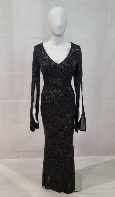 BLACK STRETCH SEQUIN LONG SLEEVE EVENING GOWN - IMAGE 1