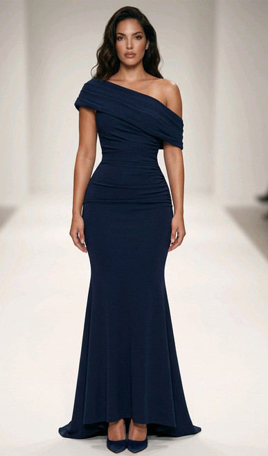 Flattering navy pleated crepe evening gown - Image 1