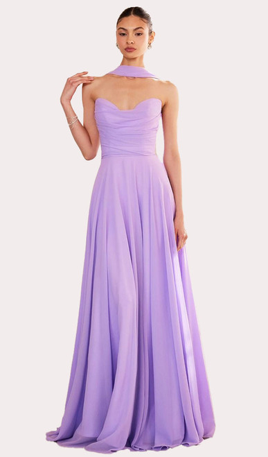 PURPLE CHIFFON CORSET BALLGOWN WITH TIE-UP BACK - IMAGE 1 PURPLE CHIFFON CORSET BALLGOWN WITH TIE-UP BACK - IMAGE 1