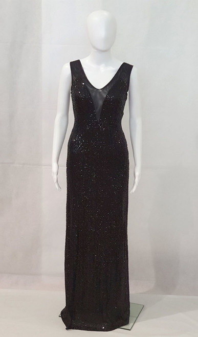 Stretch black sequin formal dress with sheer insert- image 1