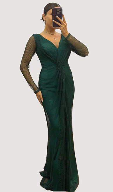 SPARKLY NET MATERIAL EVENING GOWN WITH LONG SLEEVES - IMAGE 1