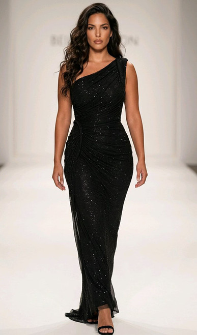 Asymmetrical one sided black sparkly mesh designer gown - Image 1