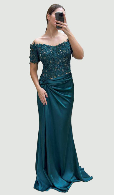 Emerald off shoulder embroidered corset gown with plain skirt - image 1